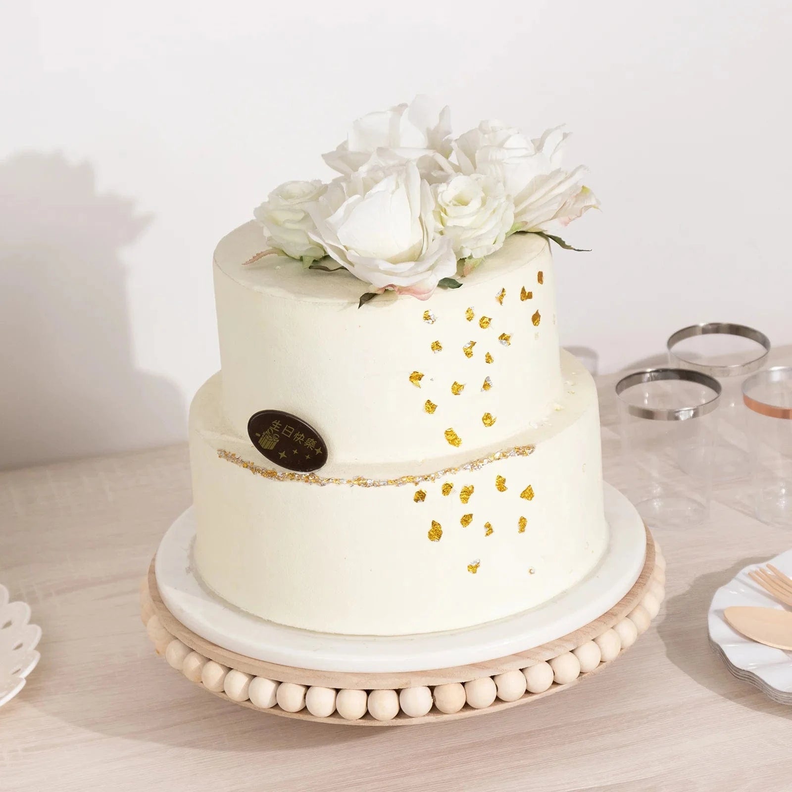 12 in Natural Round Rustic Wooden Pedestal Cake Stand with Beaded Edge