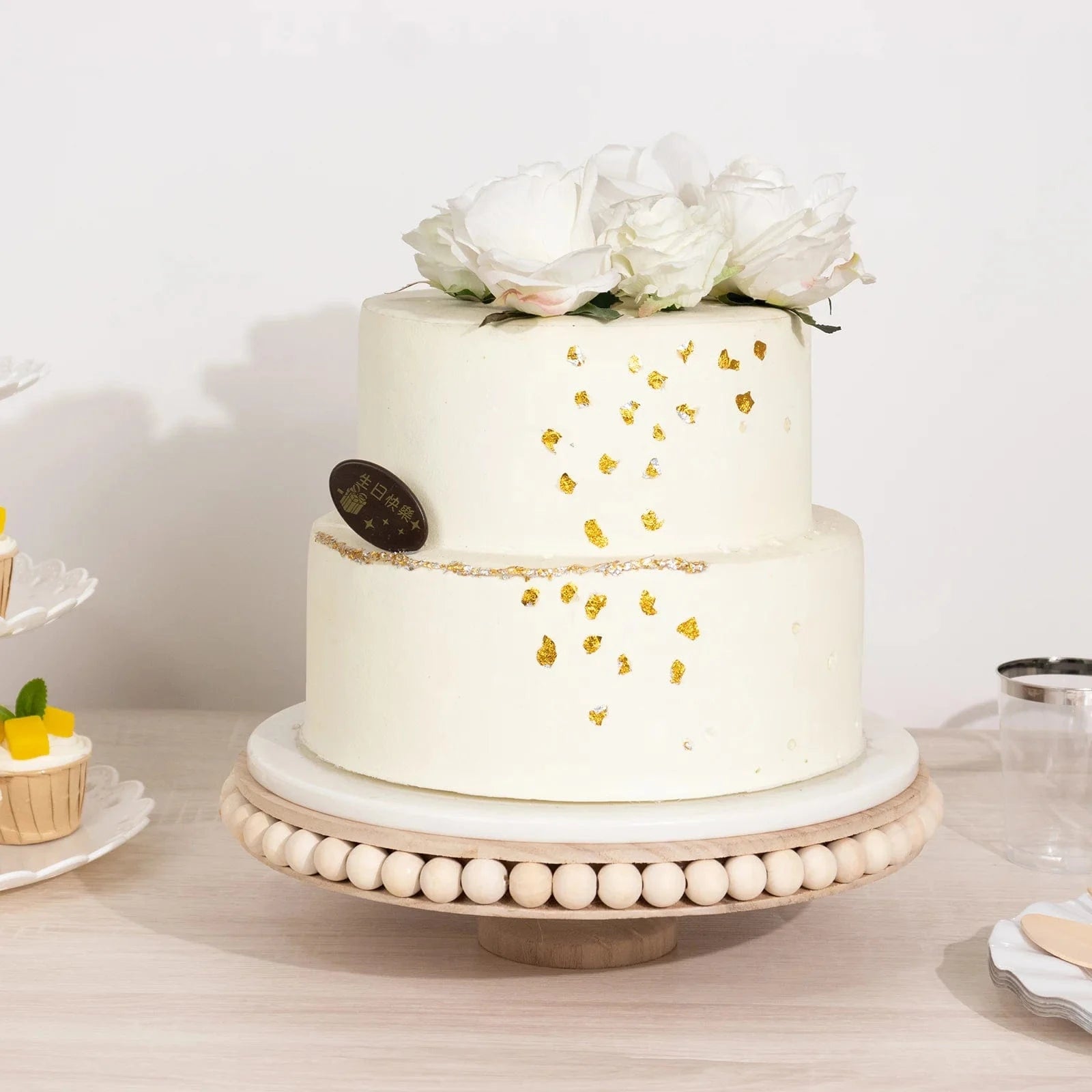 12 in Natural Round Rustic Wooden Pedestal Cake Stand with Beaded Edge