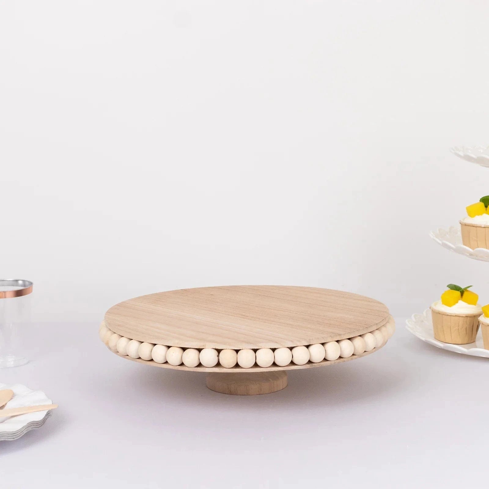 12 in Natural Round Rustic Wooden Pedestal Cake Stand with Beaded Edge