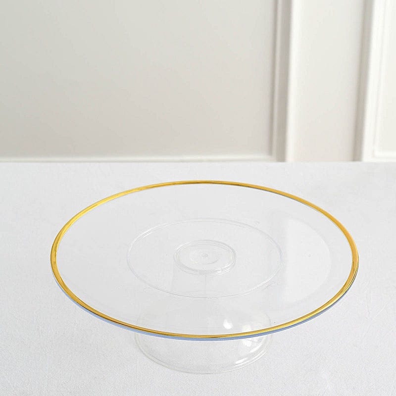 2 Clear 12 in Round Plastic Cake Stand Dessert Pedestal with Gold Trim