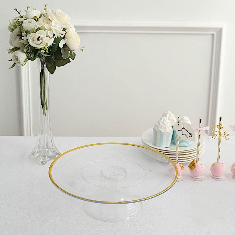 2 Clear 12 in Round Plastic Cake Stand Dessert Pedestal with Gold Trim