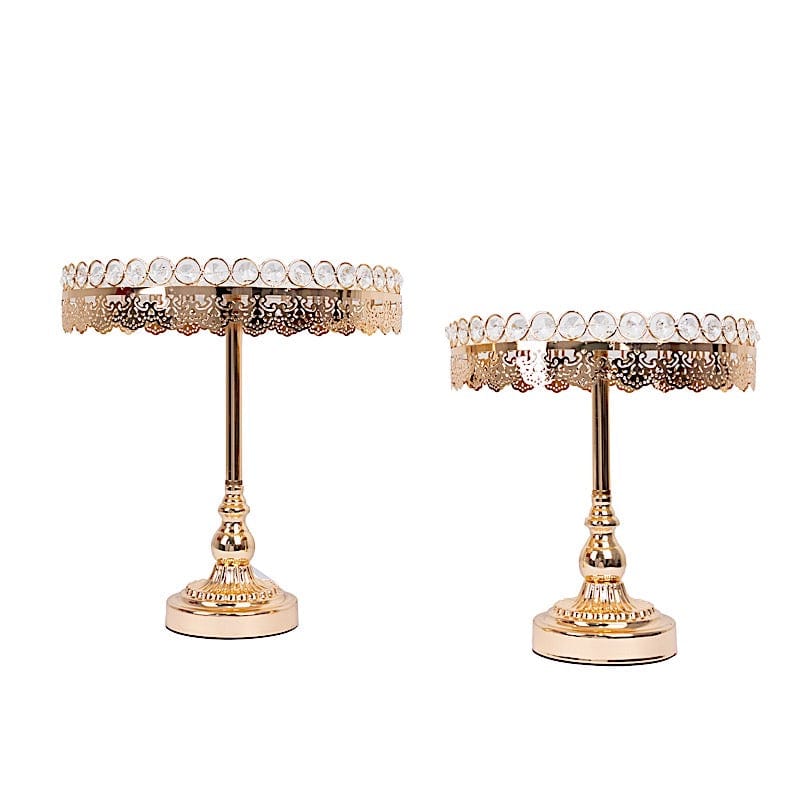 2 Gold Crystal Beaded Metal Pedestal Cake Stands with Mirror Top