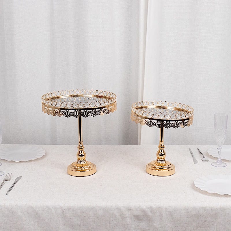 2 Gold Crystal Beaded Metal Pedestal Cake Stands with Mirror Top
