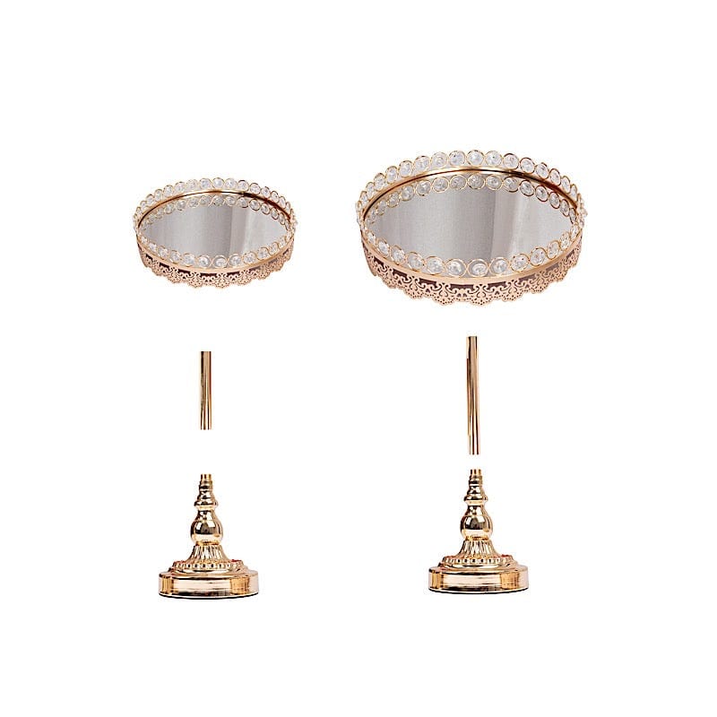 2 Gold Crystal Beaded Metal Pedestal Cake Stands with Mirror Top