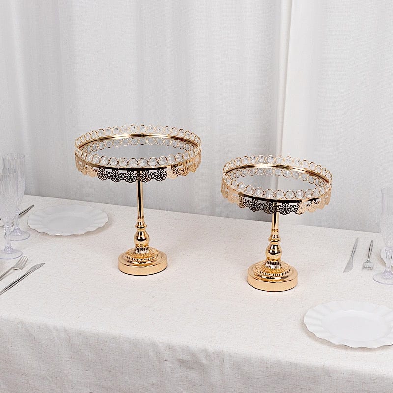 2 Gold Crystal Beaded Metal Pedestal Cake Stands with Mirror Top