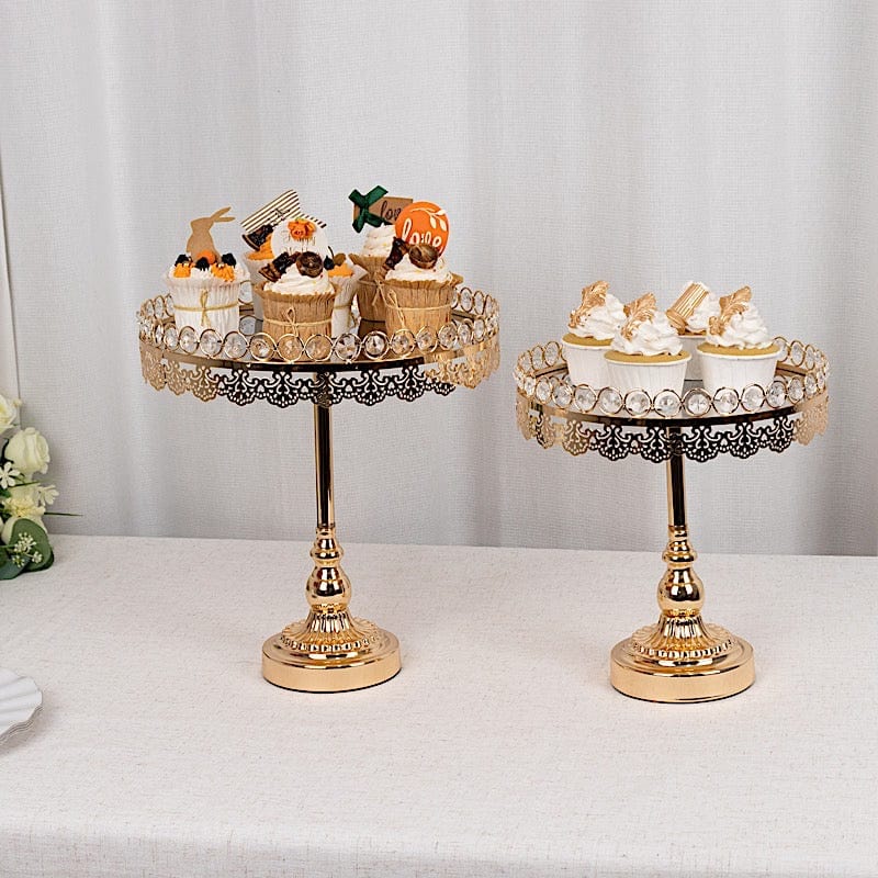 2 Gold Crystal Beaded Metal Pedestal Cake Stands with Mirror Top