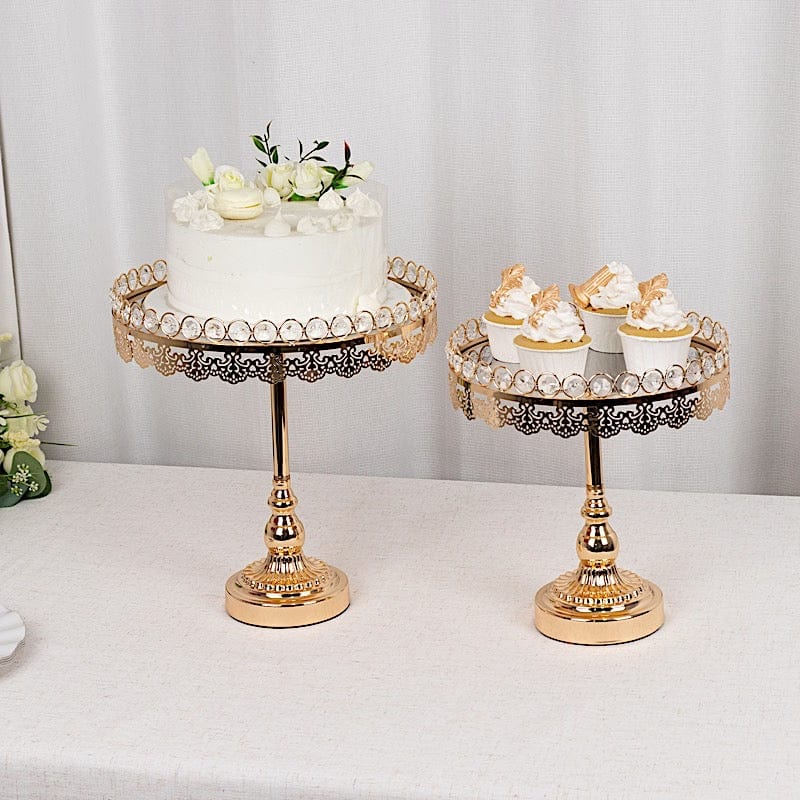 2 Gold Crystal Beaded Metal Pedestal Cake Stands with Mirror Top