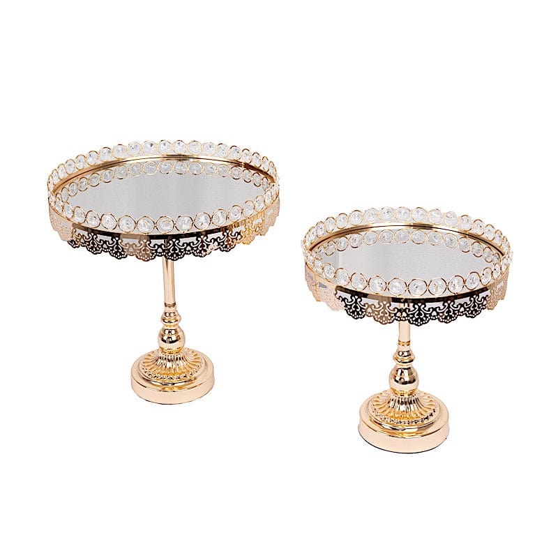 2 Gold Crystal Beaded Metal Pedestal Cake Stands with Mirror Top