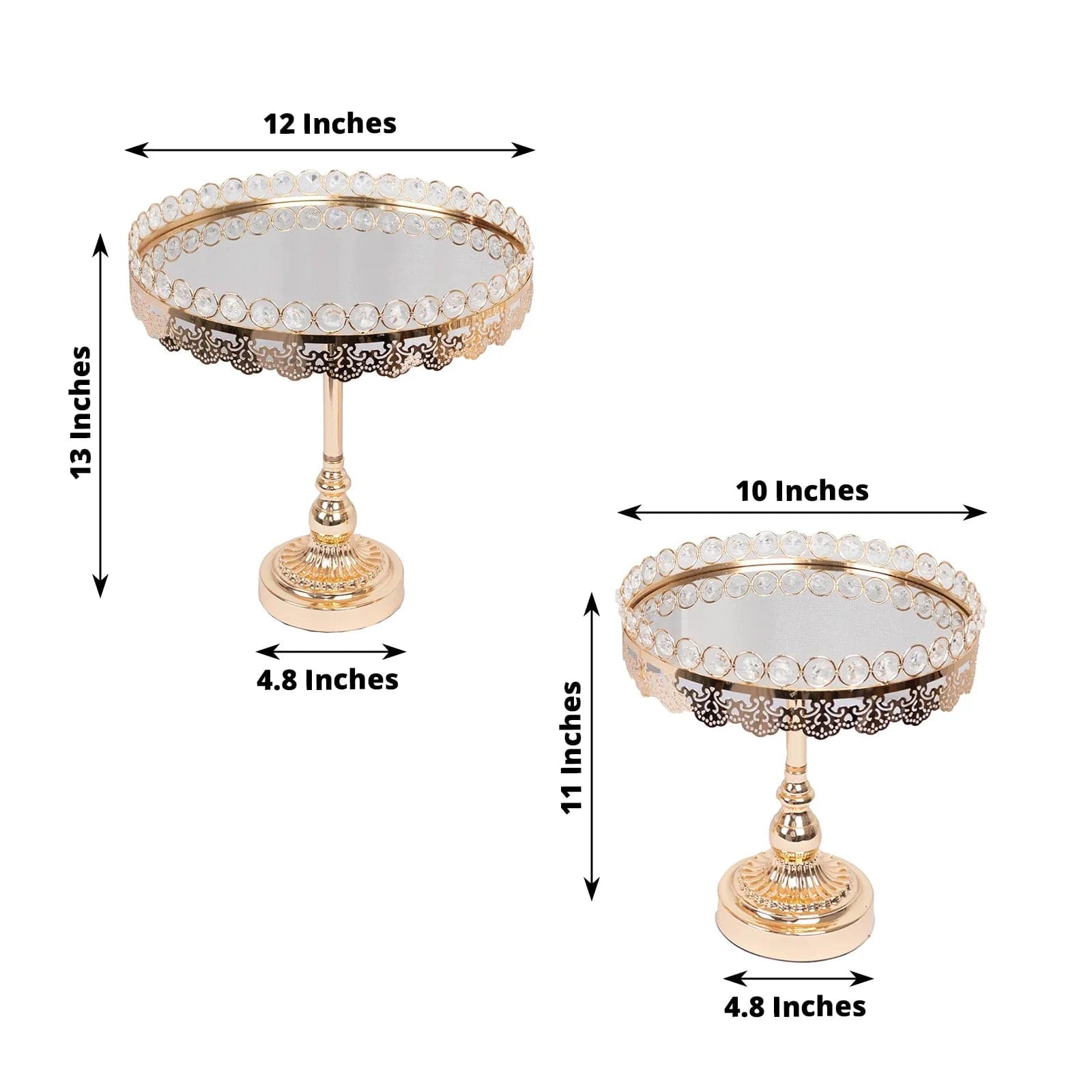 2 Gold Crystal Beaded Metal Pedestal Cake Stands with Mirror Top