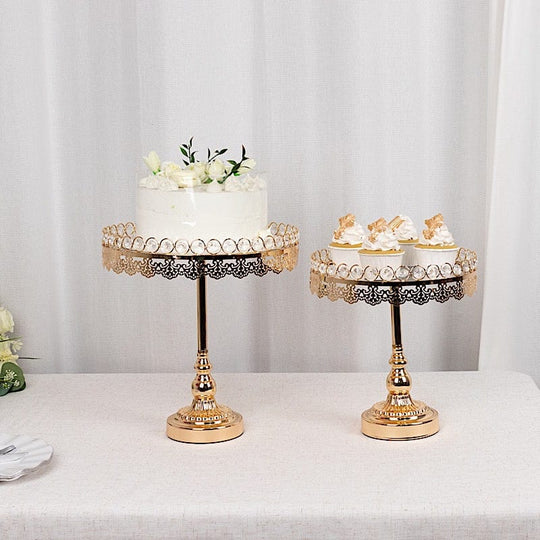 2 Gold Crystal Beaded Metal Pedestal Cake Stands with Mirror Top