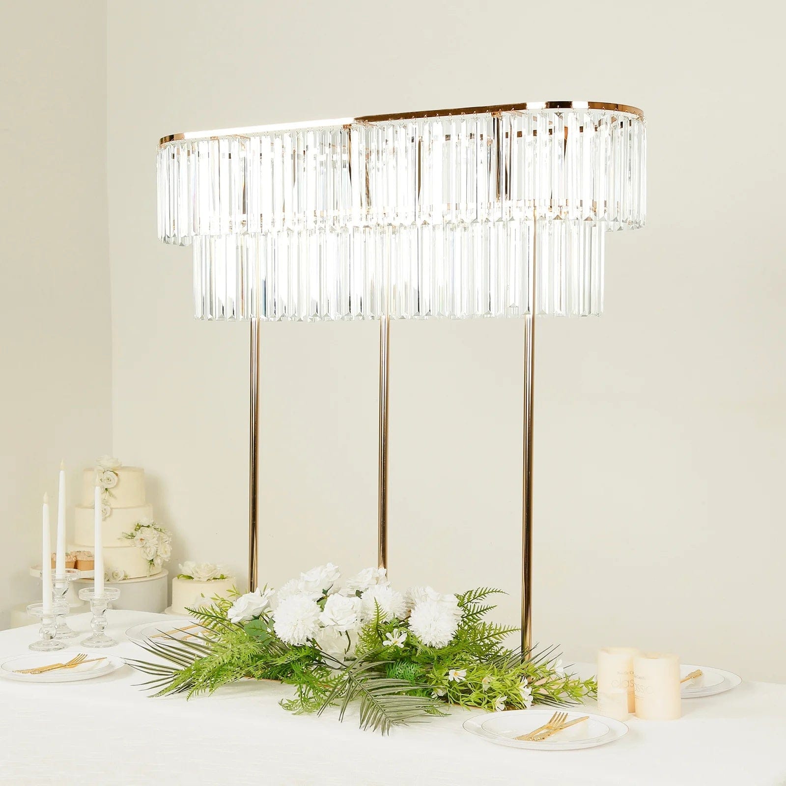 2-Tier Gold 40 in Oval Metal Chandelier Flower Stand with Crystals