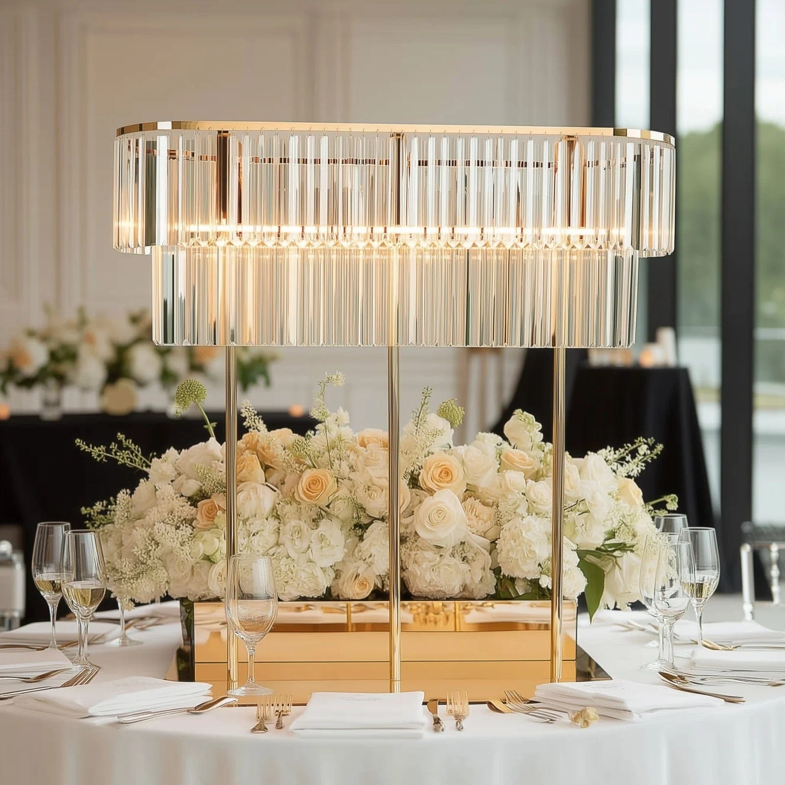 2-Tier Gold 40 in Oval Metal Chandelier Flower Stand with Crystals