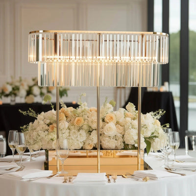 2-Tier Gold 40 in Oval Metal Chandelier Flower Stand with Crystals