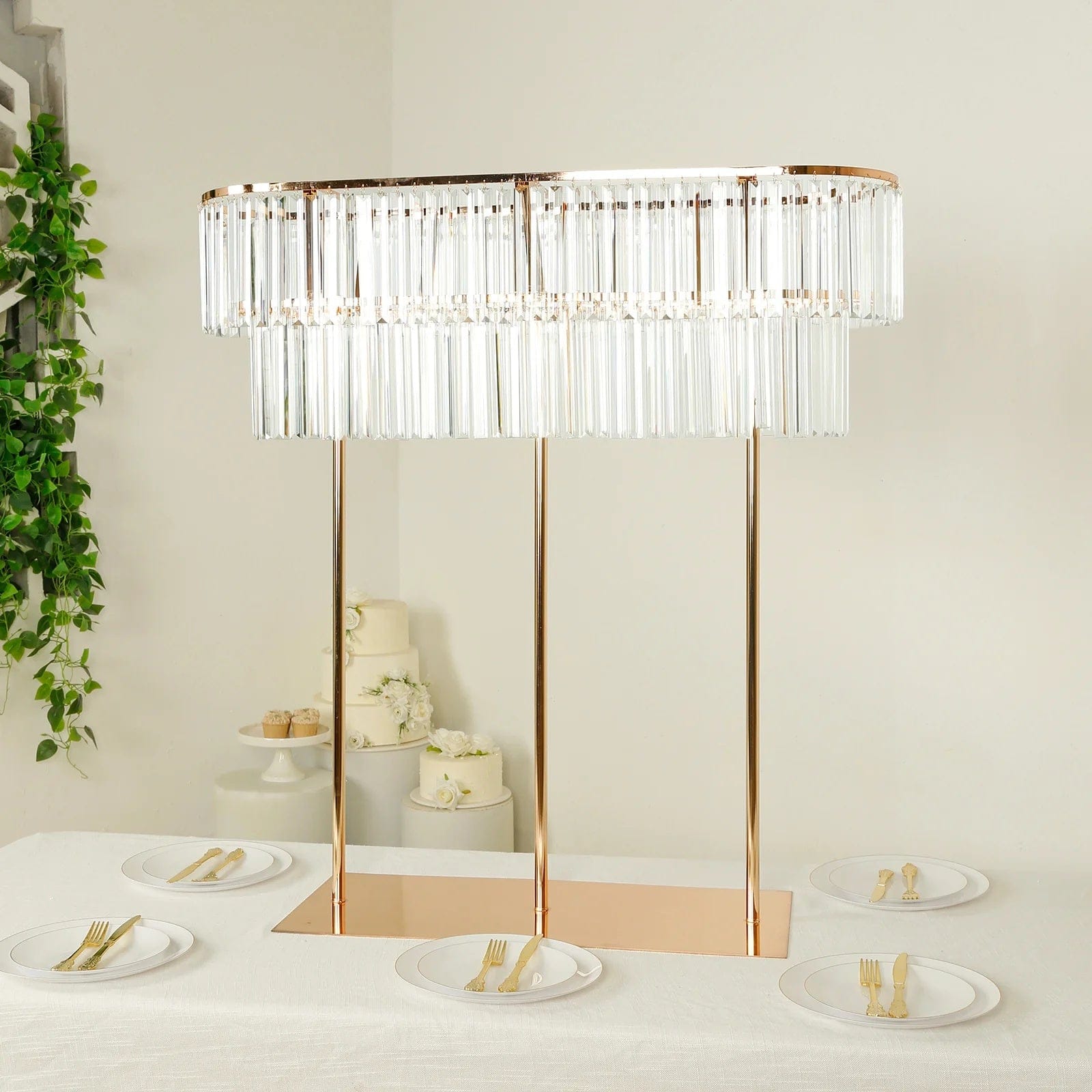 2-Tier Gold 40 in Oval Metal Chandelier Flower Stand with Crystals