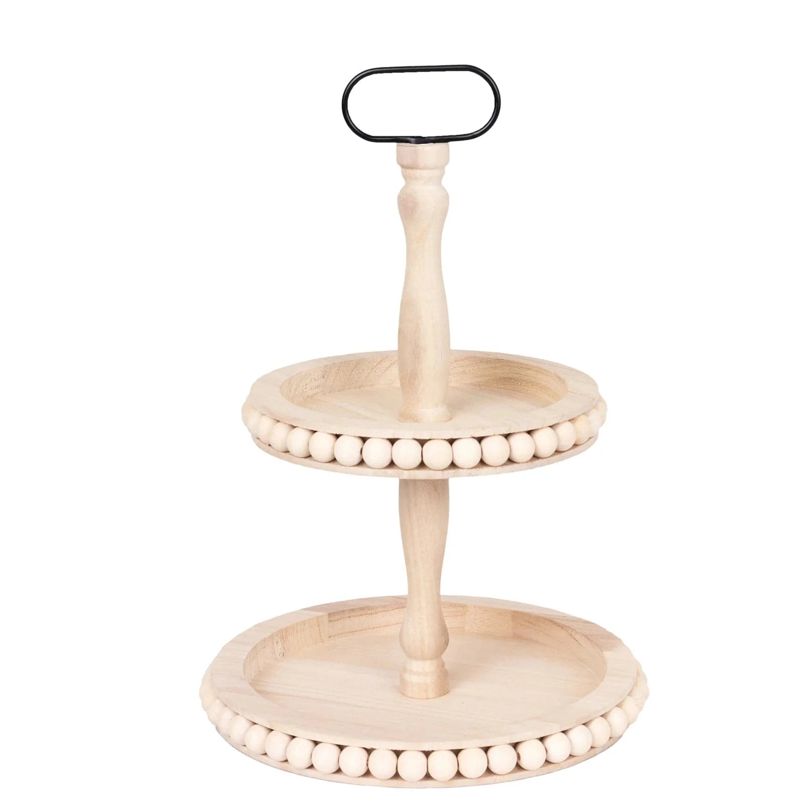 2-Tier Natural 17 in Beaded Wooden Serving Tray Stand With Metal Handle