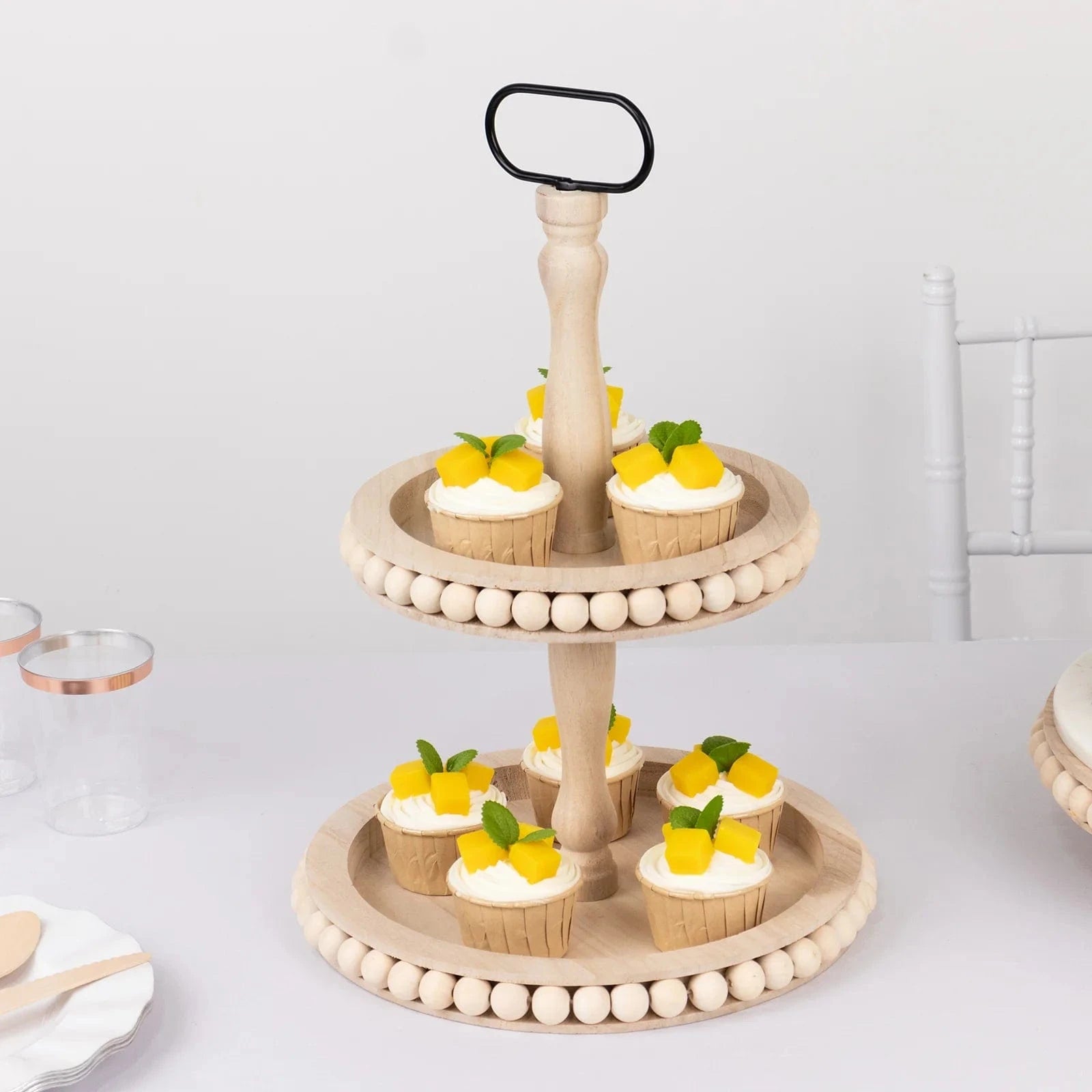 2-Tier Natural 17 in Beaded Wooden Serving Tray Stand With Metal Handle