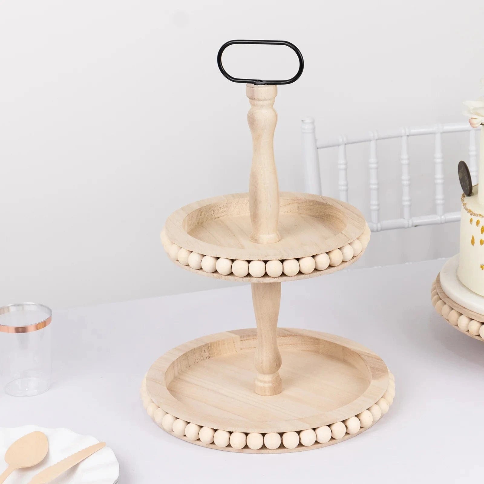 2-Tier Natural 17 in Beaded Wooden Serving Tray Stand With Metal Handle