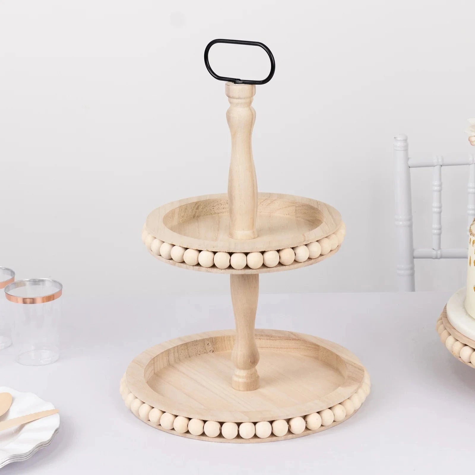 2-Tier Natural 17 in Beaded Wooden Serving Tray Stand With Metal Handle