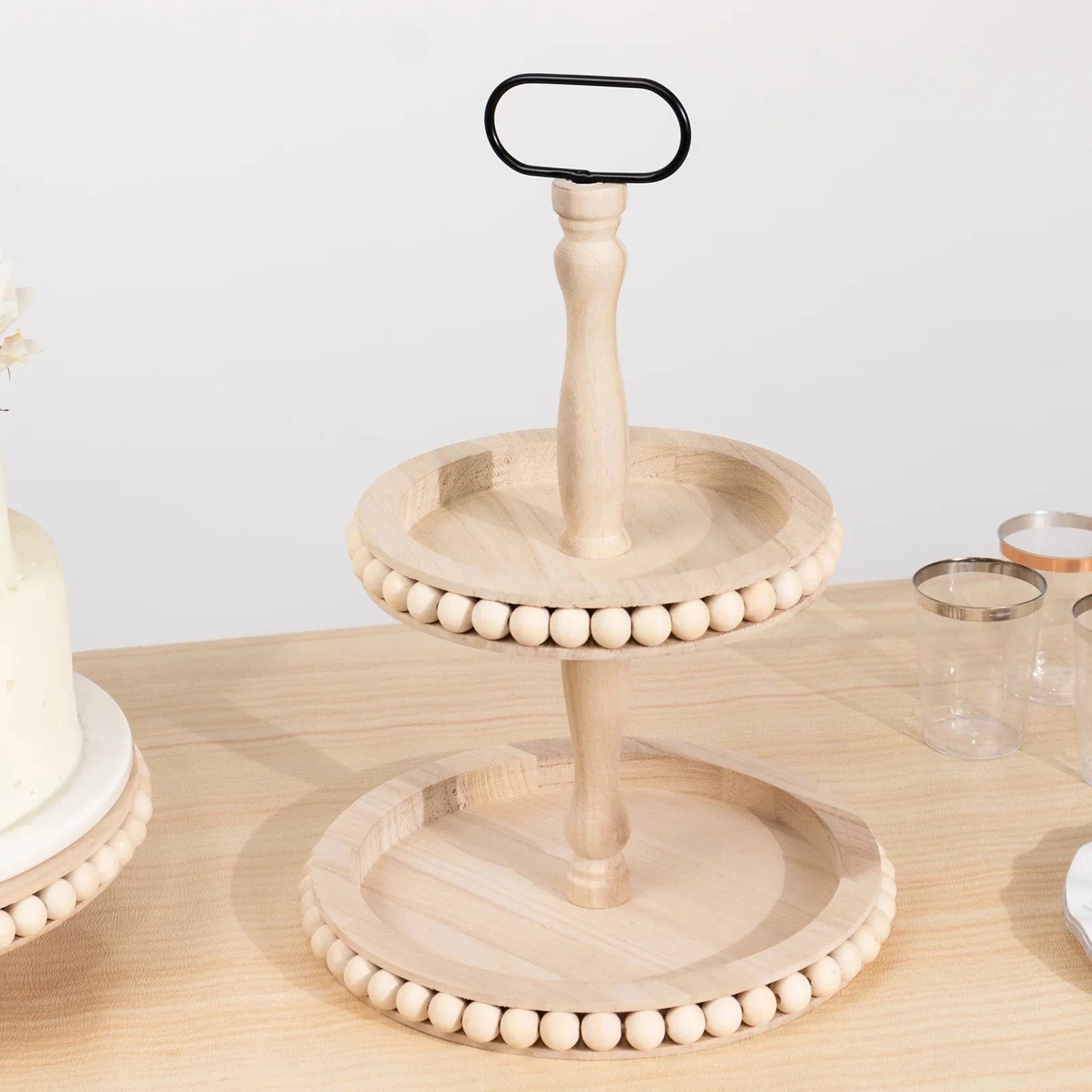 2-Tier Natural 17 in Beaded Wooden Serving Tray Stand With Metal Handle