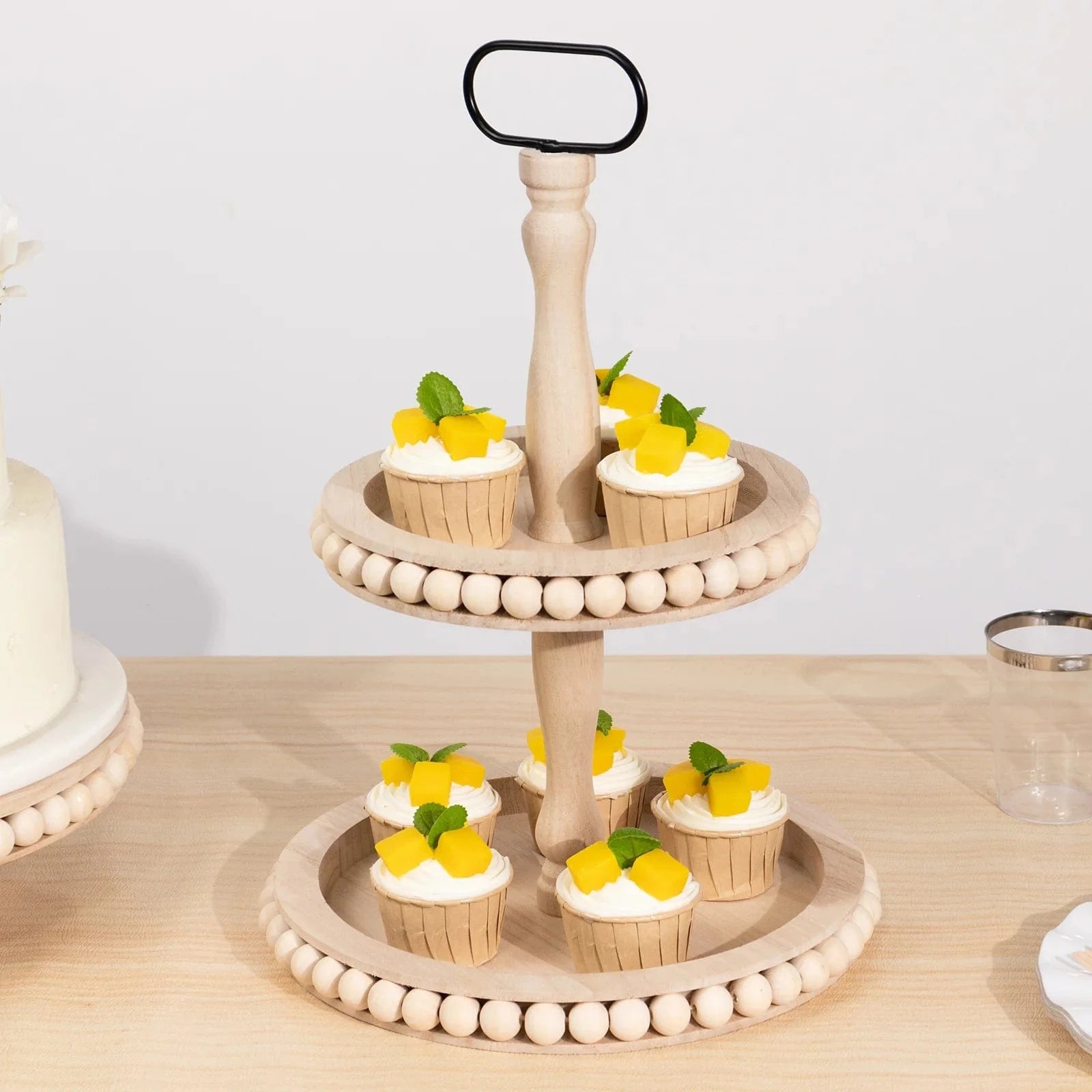 2-Tier Natural 17 in Beaded Wooden Serving Tray Stand With Metal Handle