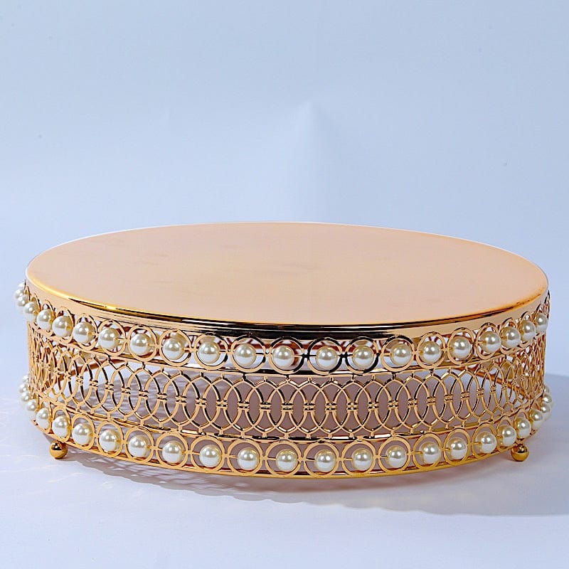 3 Gold Pearl Beaded Metal Cake Stands with Mirror Top