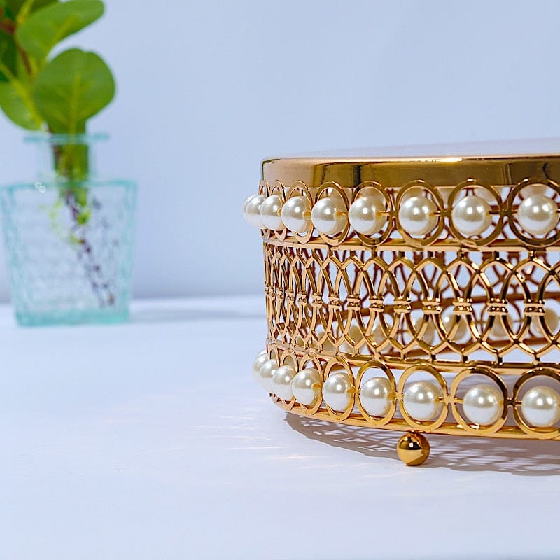 3 Gold Pearl Beaded Metal Cake Stands with Mirror Top
