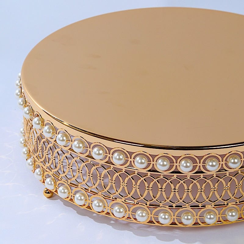 3 Gold Pearl Beaded Metal Cake Stands with Mirror Top