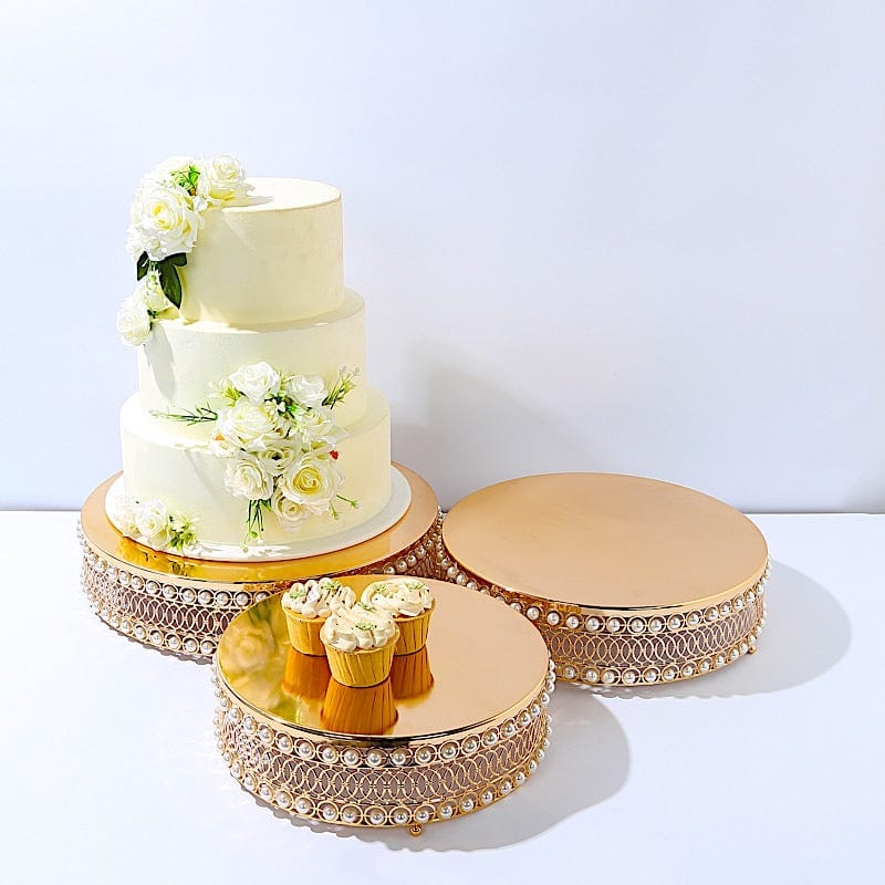 3 Gold Pearl Beaded Metal Cake Stands with Mirror Top