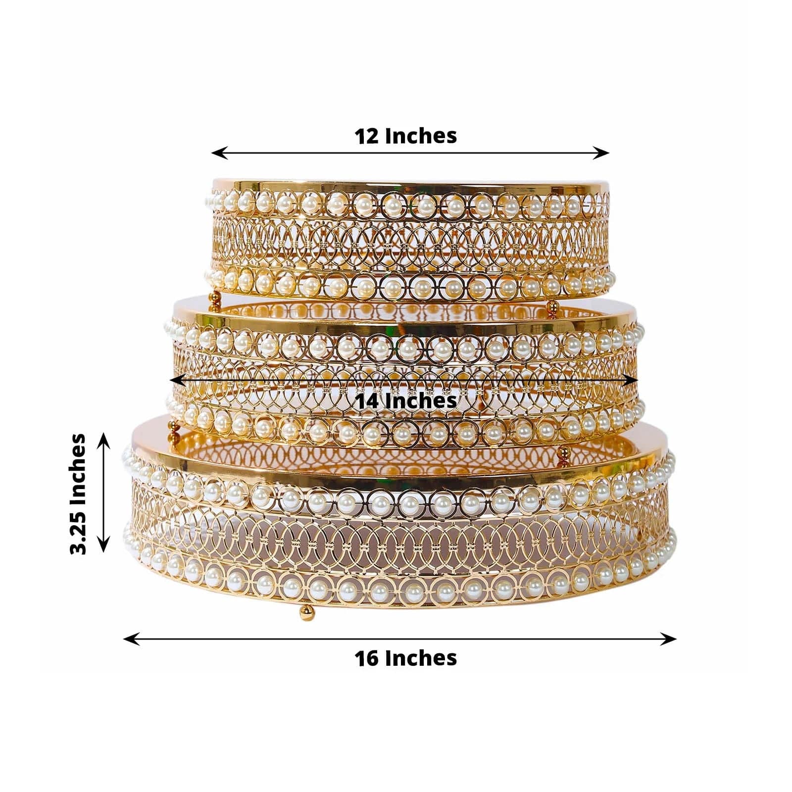 3 Gold Pearl Beaded Metal Cake Stands with Mirror Top