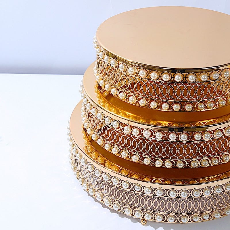 3 Gold Pearl Beaded Metal Cake Stands with Mirror Top