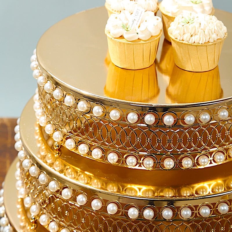 3 Gold Pearl Beaded Metal Cake Stands with Mirror Top