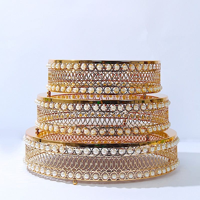 3 Gold Pearl Beaded Metal Cake Stands with Mirror Top