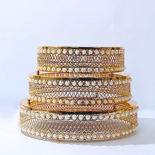 3 Gold Pearl Beaded Metal Cake Stands with Mirror Top