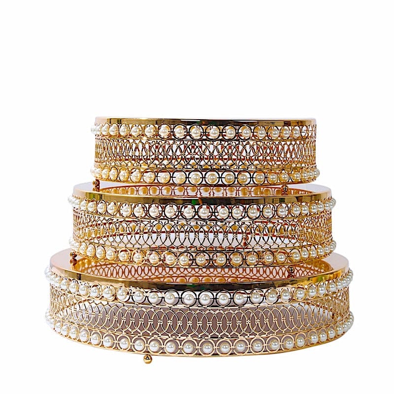 3 Gold Pearl Beaded Metal Cake Stands with Mirror Top