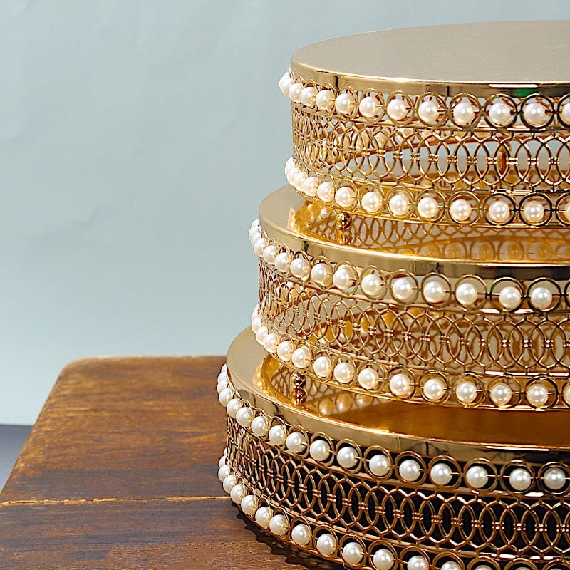 3 Gold Pearl Beaded Metal Cake Stands with Mirror Top
