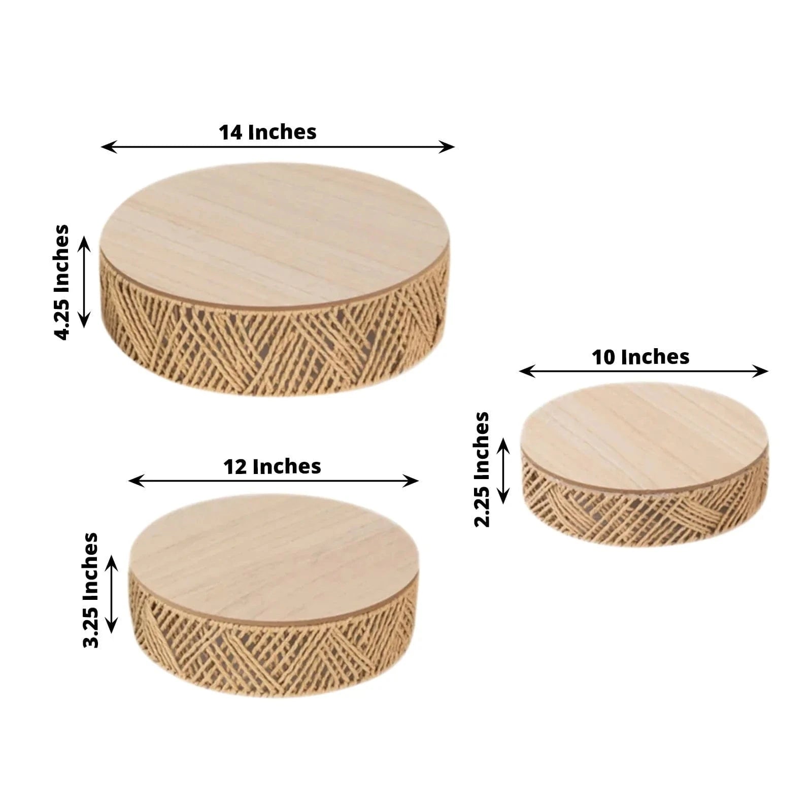 3 Natural Pedestal Cake Stands Jute Rattan with Wooden Top Plates