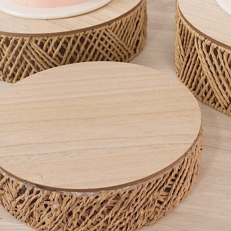 3 Natural Pedestal Cake Stands Jute Rattan with Wooden Top Plates