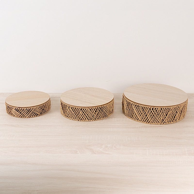 3 Natural Pedestal Cake Stands Jute Rattan with Wooden Top Plates