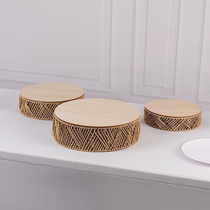 3 Natural Pedestal Cake Stands Jute Rattan with Wooden Top Plates