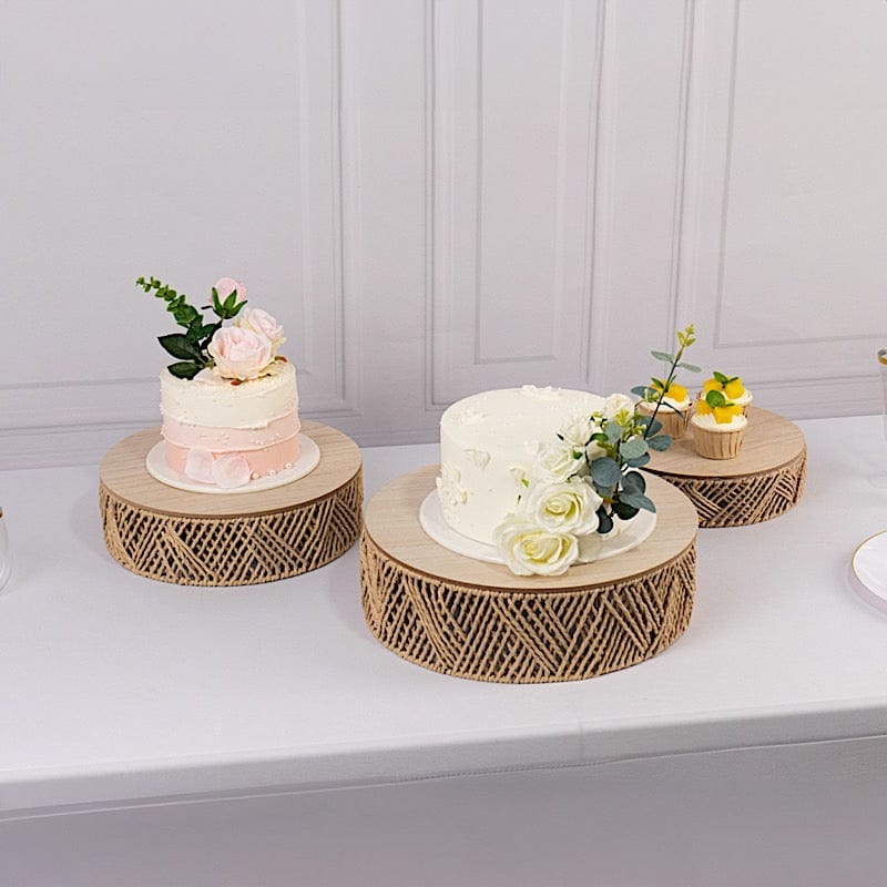 3 Natural Pedestal Cake Stands Jute Rattan with Wooden Top Plates