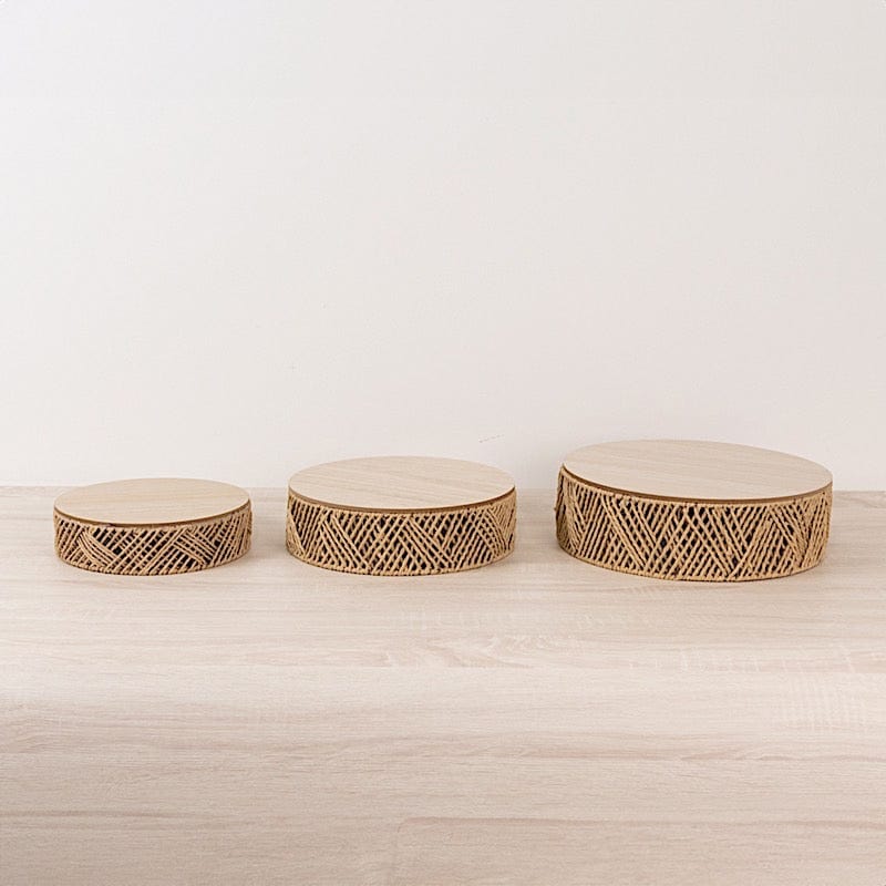 3 Natural Pedestal Cake Stands Jute Rattan with Wooden Top Plates