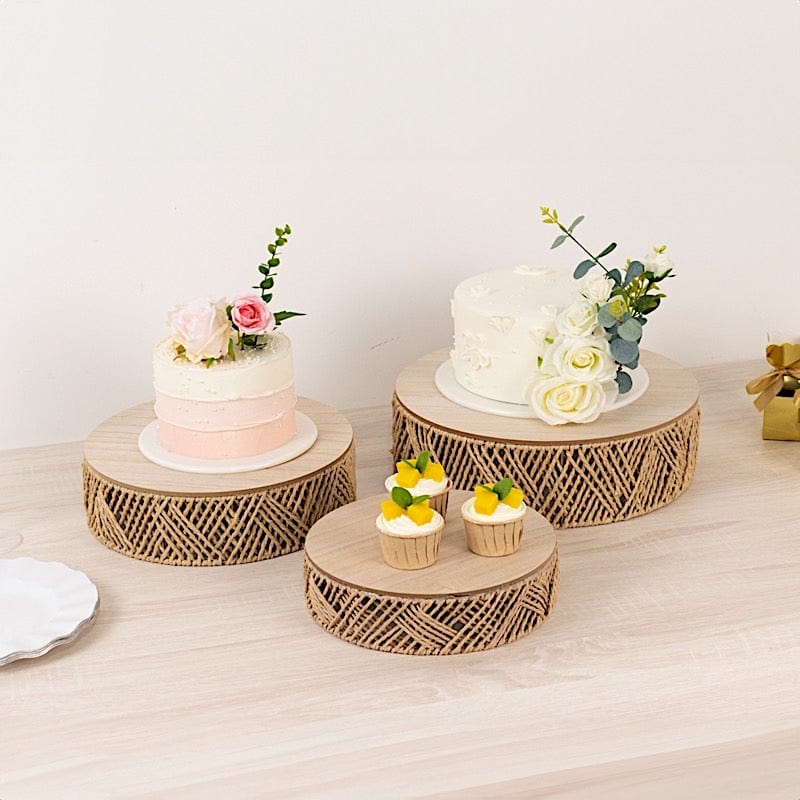 3 Natural Pedestal Cake Stands Jute Rattan with Wooden Top Plates
