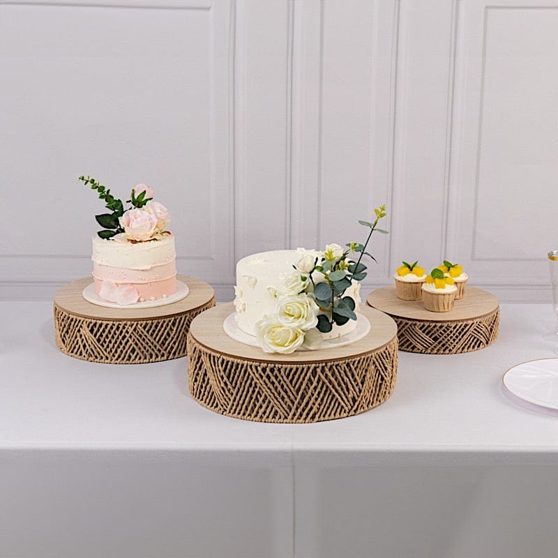 3 Natural Pedestal Cake Stands Jute Rattan with Wooden Top Plates