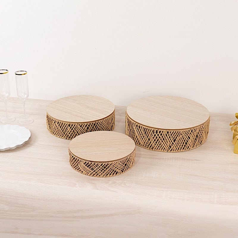 3 Natural Pedestal Cake Stands Jute Rattan with Wooden Top Plates