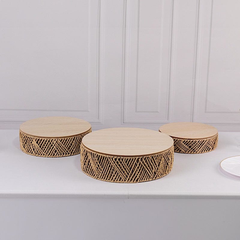 3 Natural Pedestal Cake Stands Jute Rattan with Wooden Top Plates