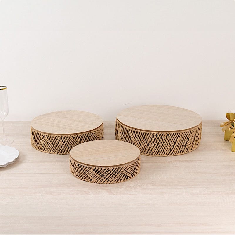 3 Natural Pedestal Cake Stands Jute Rattan with Wooden Top Plates