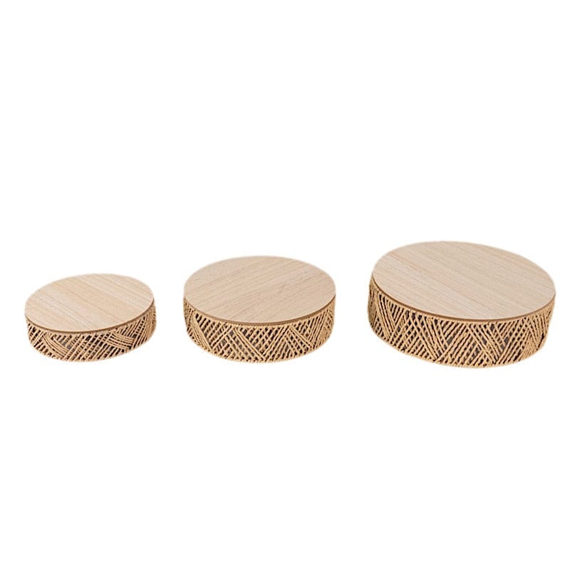 3 Natural Pedestal Cake Stands Jute Rattan with Wooden Top Plates