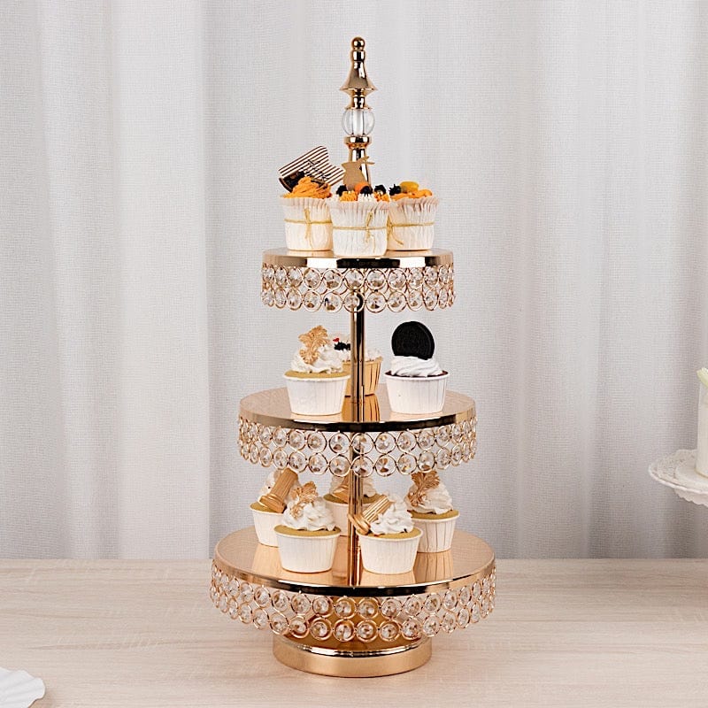 3-Tier 26 in Round Crystal Beaded Metal Cake Stand