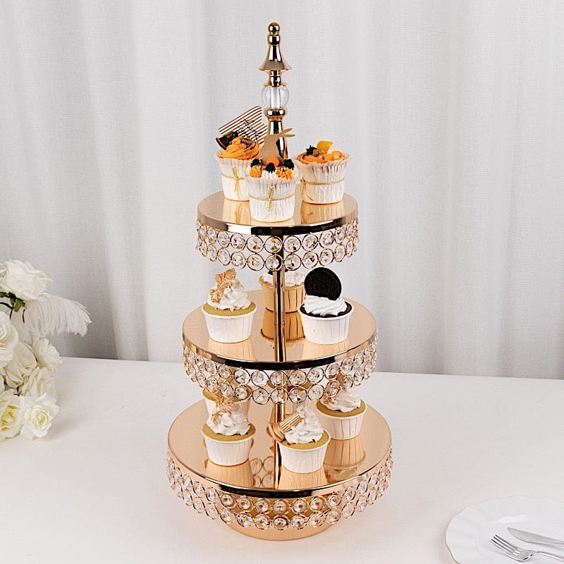 3-Tier 26 in Round Crystal Beaded Metal Cake Stand