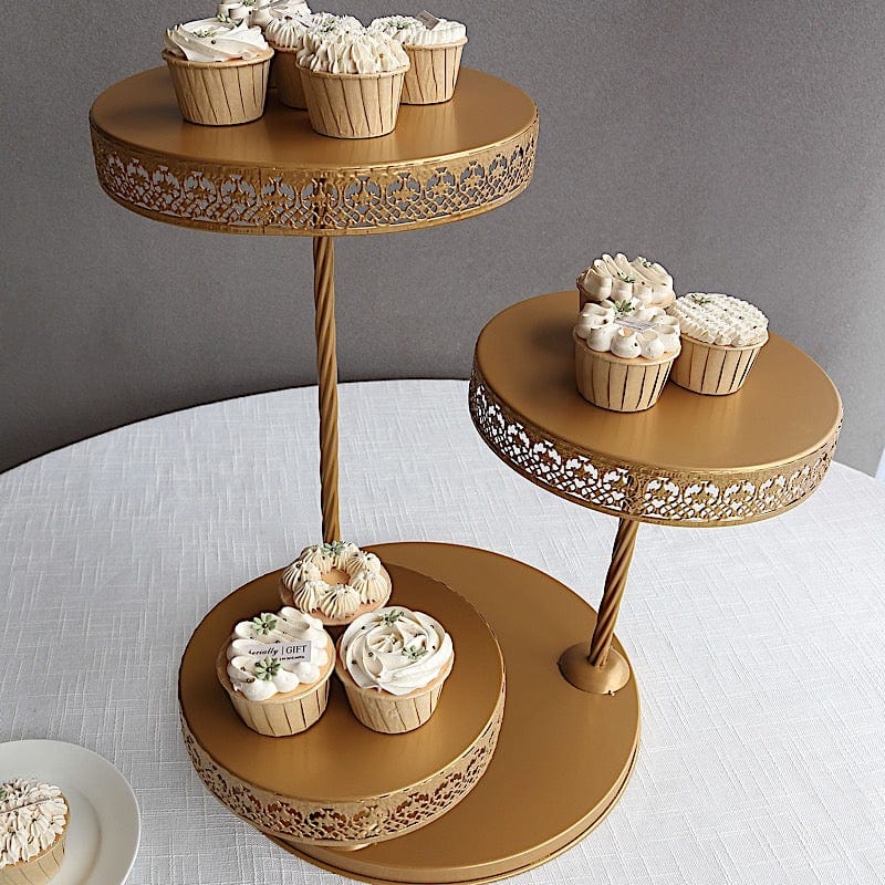 3-Tier Gold Metal Round Hollow Lace Design Cake Stand